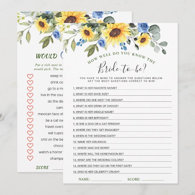 2 Bridal Shower Games Sunflowers Eucalyptus Card (Front/Back)