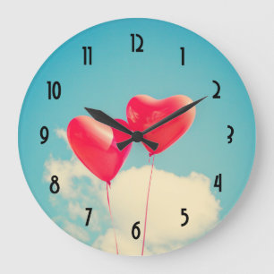 2 Bright Red Heart Shaped balloons Floating Upward Large Clock