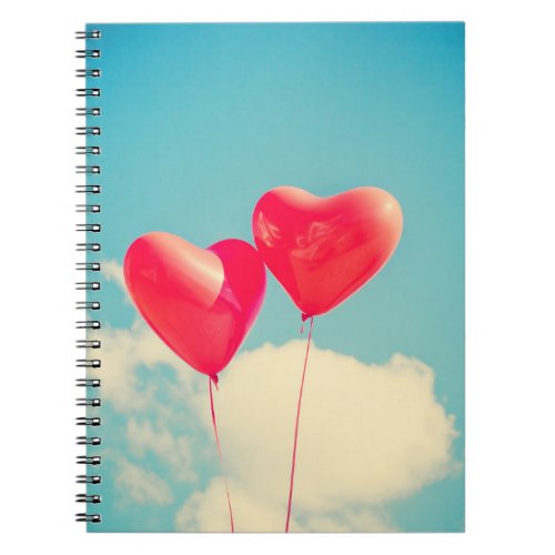 2 Bright Red Heart Shaped balloons Floating Upward Notebook
