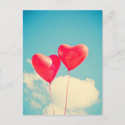 2 Bright Red Heart Shaped balloons Floating Upward Postcard