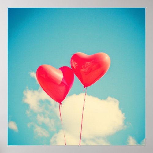 2 Bright Red Heart Shaped balloons Floating Upward Poster