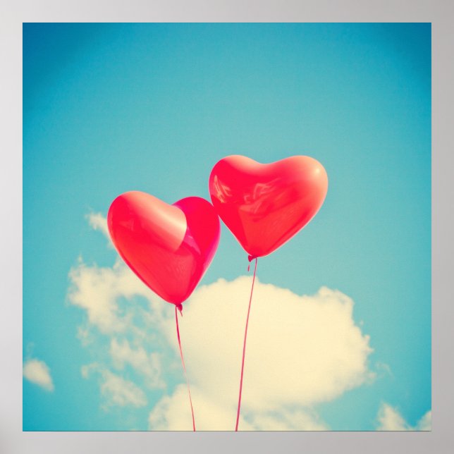 2 Bright Red Heart Shaped balloons Floating Upward Poster (Front)