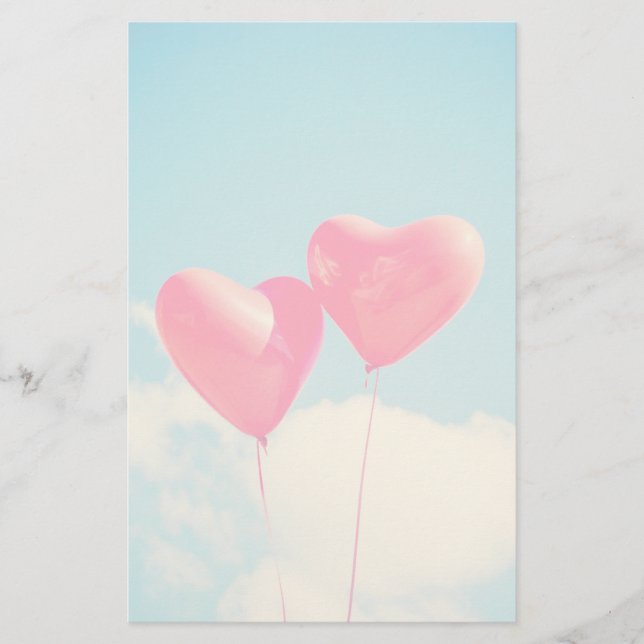 2 Bright Red Heart Shaped balloons Floating Upward Stationery (Front)