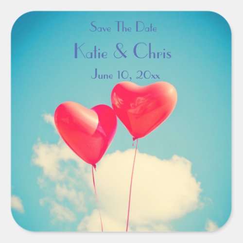 2 Bright Red Heart Shaped balloons Save The Date Square Sticker