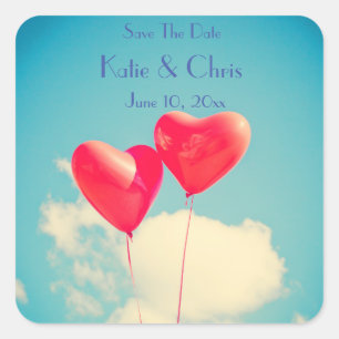 2 Bright Red Heart Shaped balloons Save The Date Square Sticker