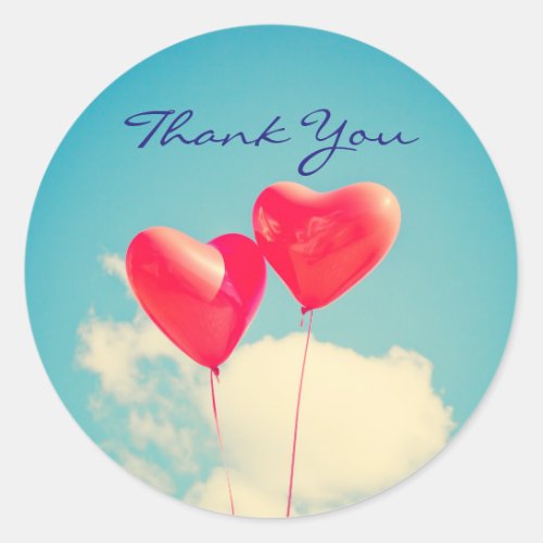 2 Bright Red Heart Shaped balloons Thank You Classic Round Sticker