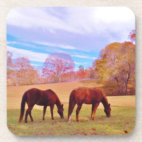 2 Brown horses in a colored field Drink Coaster
