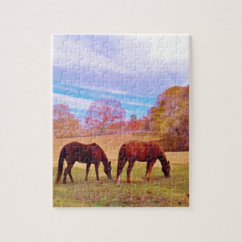 2 Brown horses in a colored field Jigsaw Puzzle