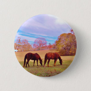 2 Brown horses in a colored field Pinback Button