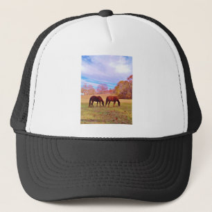 2 Brown horses in a colored field Trucker Hat