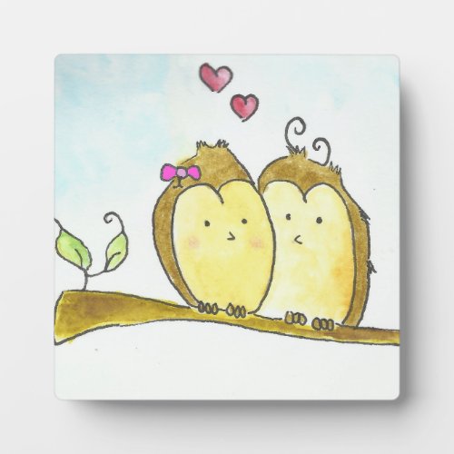 2 brown Owls Cuddling Together Watercolor Plaque