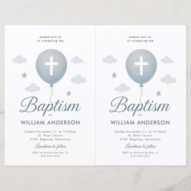 2 Budget Blue Floral Cross Baptism Invitation (Front)