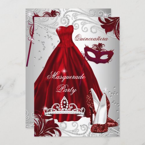 2 Burgundy Silver Dress masquerade Quinceanera Invitation