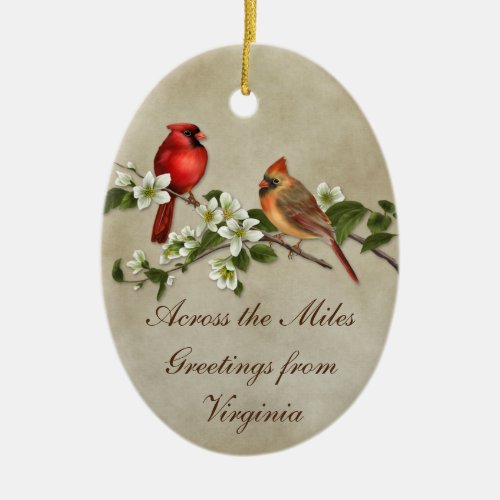 2 Cardinals Dogwoods Across The Miles Christmas Ceramic Ornament