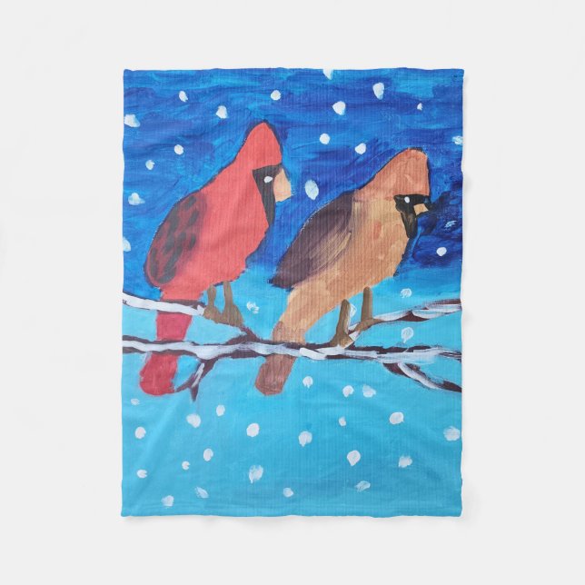 2 Cardinals on a Winter Tree Branch Fleece Blanket (Front)