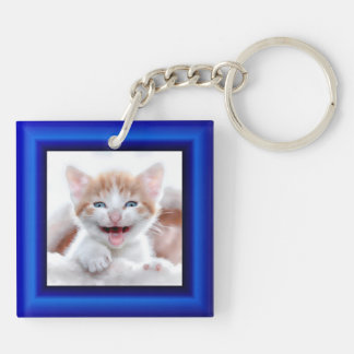 2 Cat Photo Blue Border Keychain