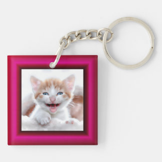 2 Cat Photo Hot Pink Border Keychain