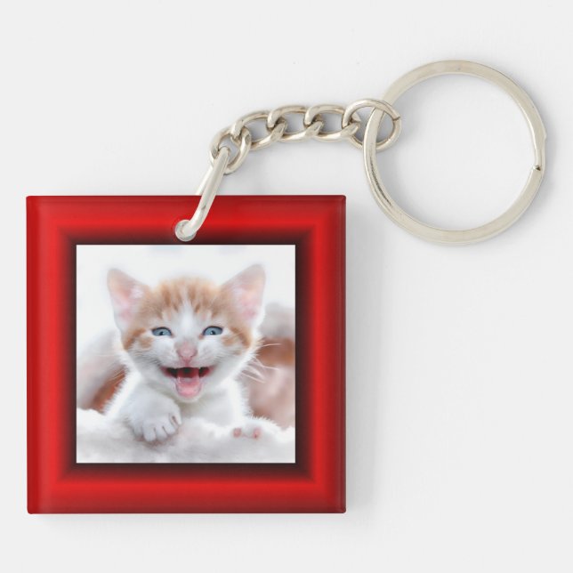2 Cat Photo Red Border Keychain (Back)