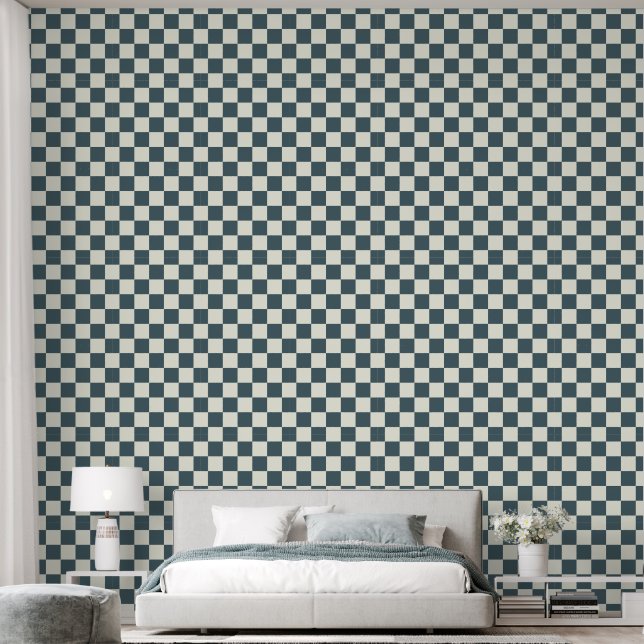 2" Checkerboard Dark Teal Blue & Ivory White Wallpaper (Bedroom)