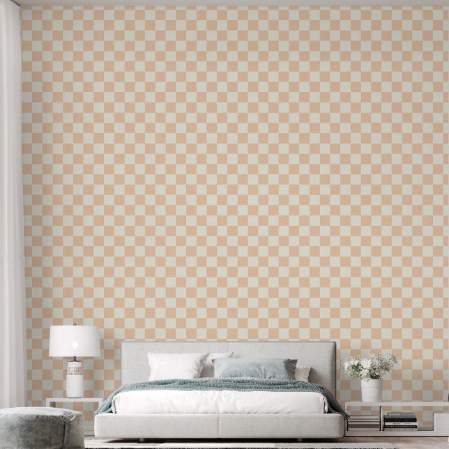 2" Checkerboard Light Peach & Ivory White Wallpaper (Bedroom)