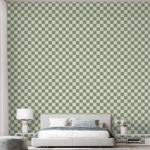 2 Checkerboard Sage Green  Ivory White Wallpaper