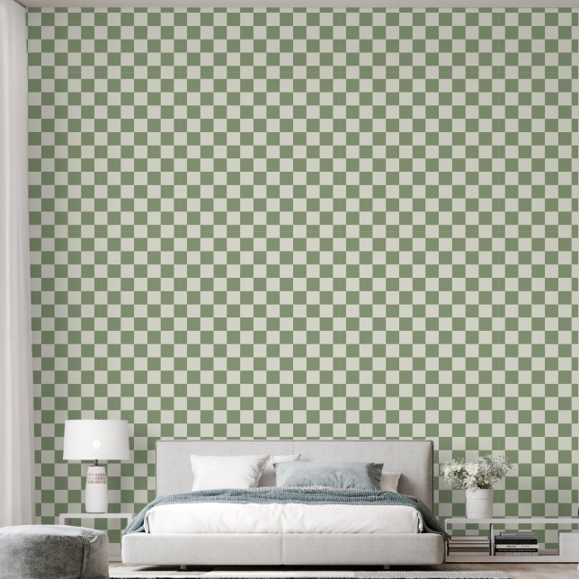 2" Checkerboard Sage Green & Ivory White Wallpaper (Bedroom)
