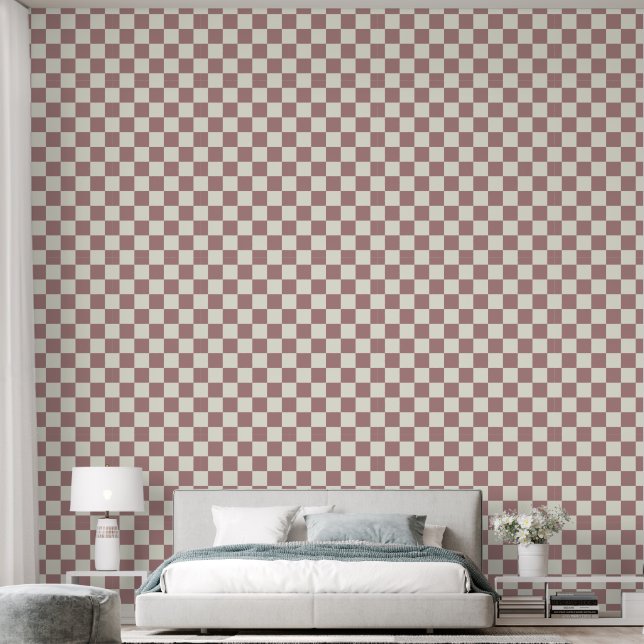 2" Checkerboard Terracotta Rose & Ivory White Wallpaper (Bedroom)