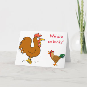 2 CHICKENS CLUCKING THEIR WISHES=MUTUAL BIRTHDAY CARD