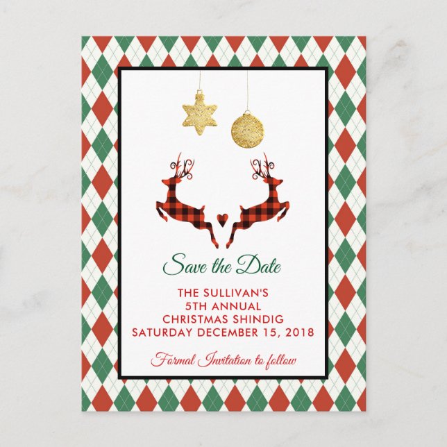 2 Christmas Deer Jumping Rustic Save the Date Postcard (Front)