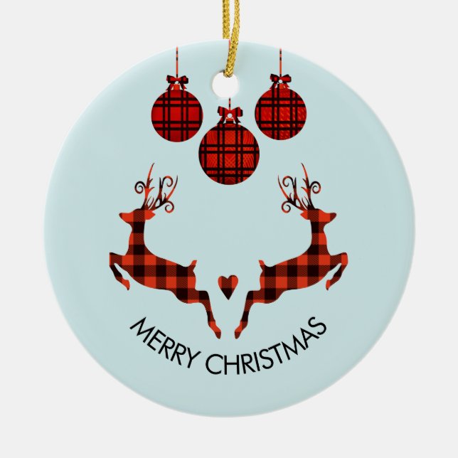 2 Christmas Deer Jumping Rustic Style Ceramic Ornament (Front)