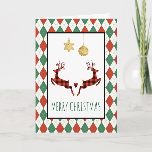 2 Christmas Deer Jumping Rustic Style Holiday Card