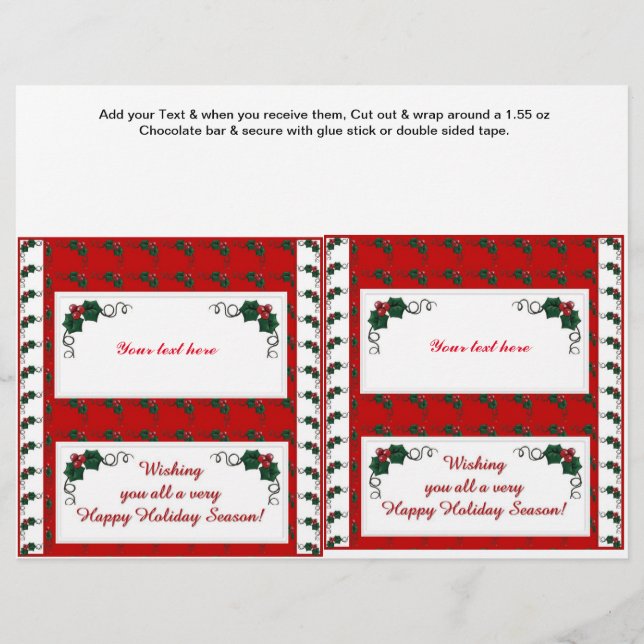 2 Christmas Holiday Holly Candy Bar Wrappers (Front)