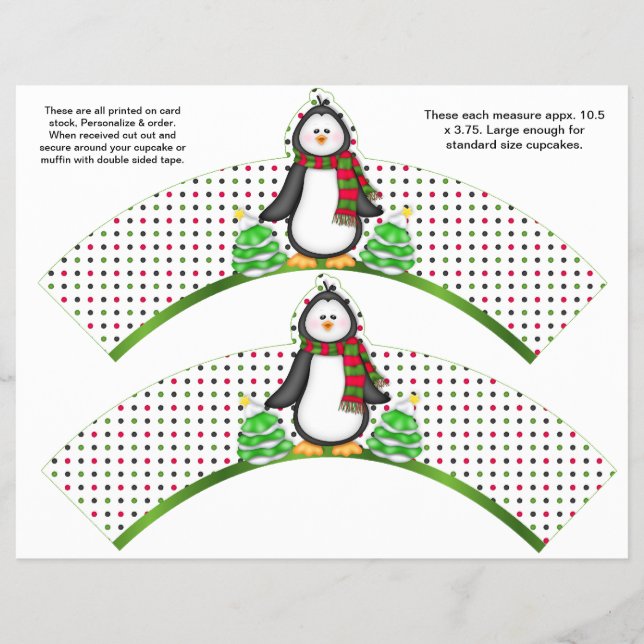 2 Christmas Penguin Personalized Cupcake Wrappers (Front)