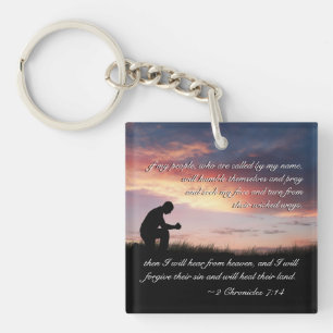 2 Chronicles 7:14 Bible Verse Man Kneeling to Pray Keychain