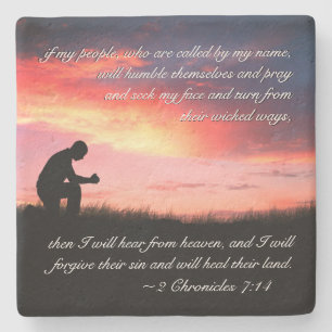 2 Chronicles 7:14 Bible Verse Man Kneeling to Pray Stone Coaster