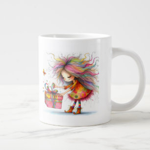 * 2 Colorful Whimsical Christmas Girl Gift AP97 Giant Coffee Mug
