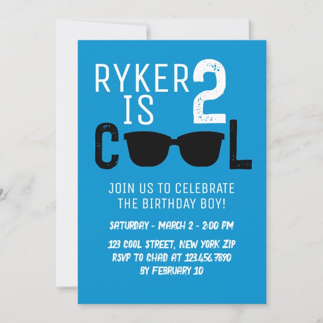 2 Cool Retro Sunglasses Boy 2nd Birthday Blue Invitation (Front)