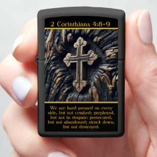 2 Corinthians 4:8-9 Carved Cross on Burnt Wood Zippo Lighter