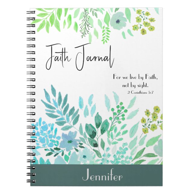 2 Corinthians 5:7 - Blue Green Floral Faith Prayer Notebook (Front)