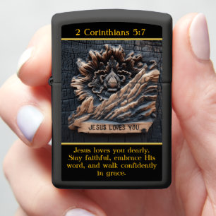 2 Corinthians 5:7 Engraved Message on Burnt Wood Zippo Lighter
