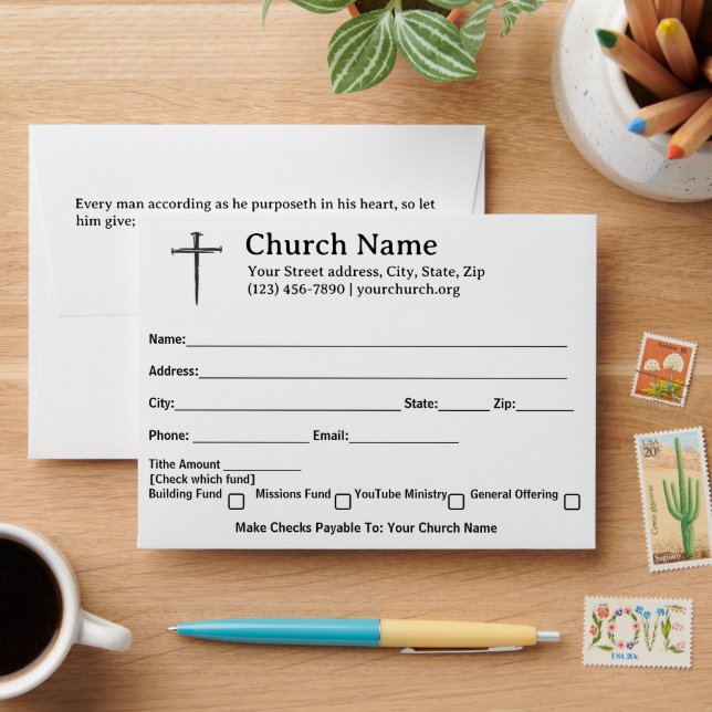 2 Corinthians 9:7 Nails Cross Church Tithe Envelope (Desk)