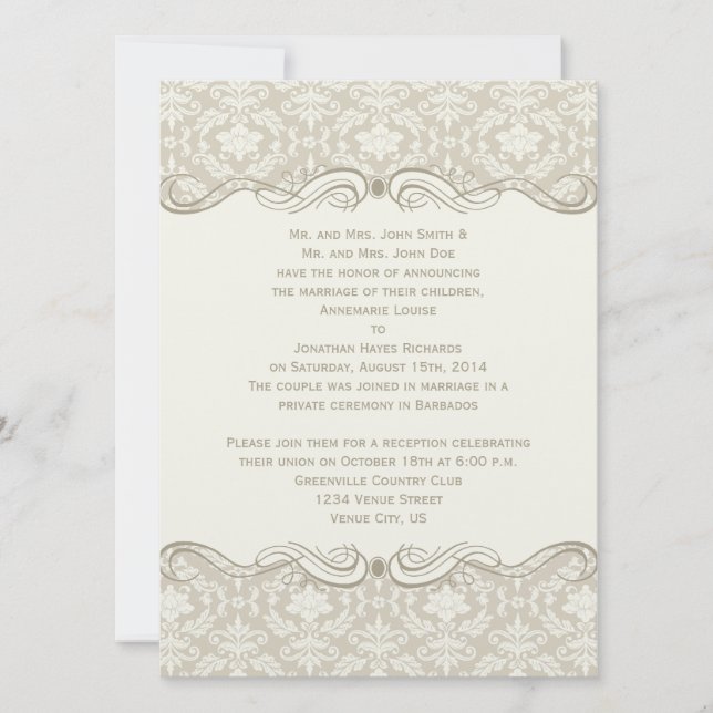 #2 Cream Tan Damask Swirls Post Wedding Invitation (Front)