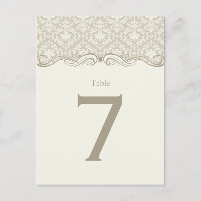 #2 Cream Tan Ivory Damask Swirls Table Cards (Front)