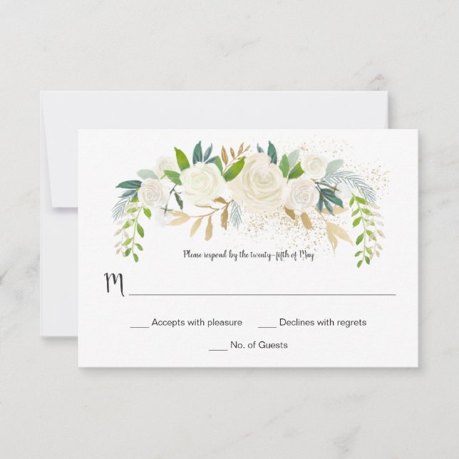 #2 Cream White Roses Glitter Greenery RSVP | Card (Front)
