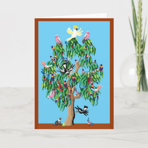 2 crimson rosellas, and a cockatoo up a gumtree holiday card