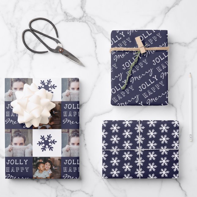 2 Custom Photos Snowflake Merry Jolly Christmas Wrapping Paper Sheets (Front)