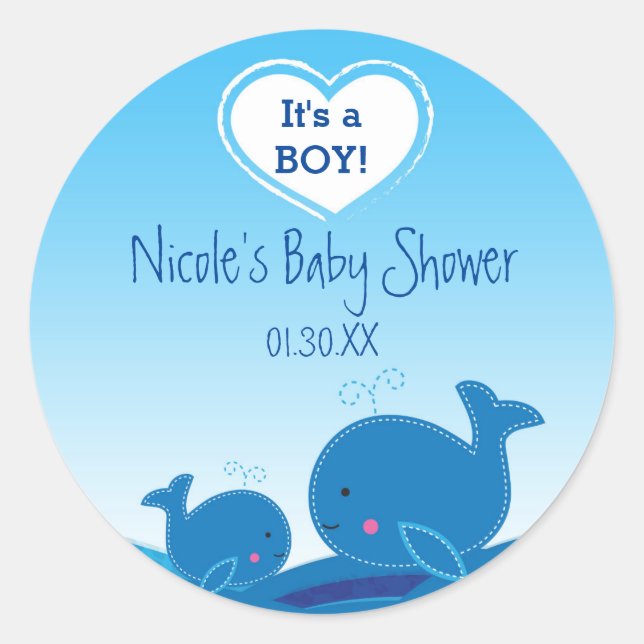 2 Cute Blue Whales Baby Shower Favor Stickers (Front)