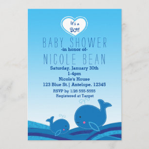 2 Cute Blue Whales Baby Shower Party Invitations