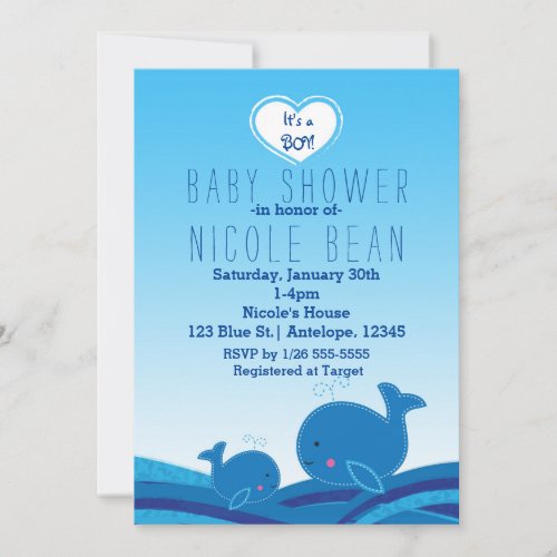 2 Cute Blue Whales Baby Shower Party Invitations