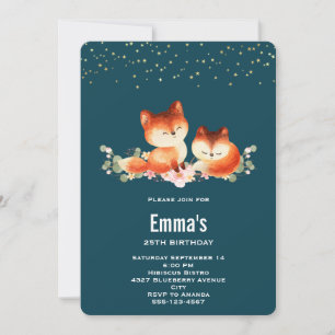 2 Cute & Cozy Little Red Foxes Birthday Invitation